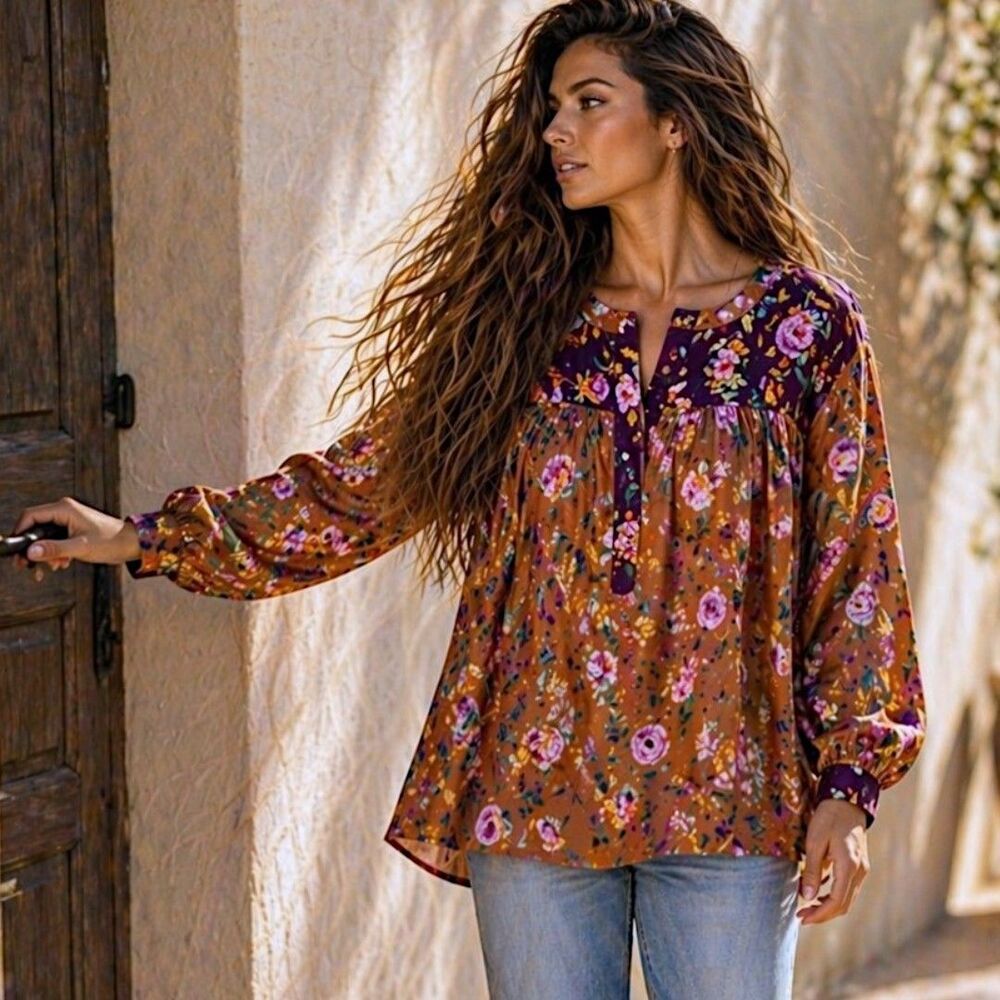 NWT LOFT Satin Boho Floral Print Peasant Top L Gold Romantic Cottagecore